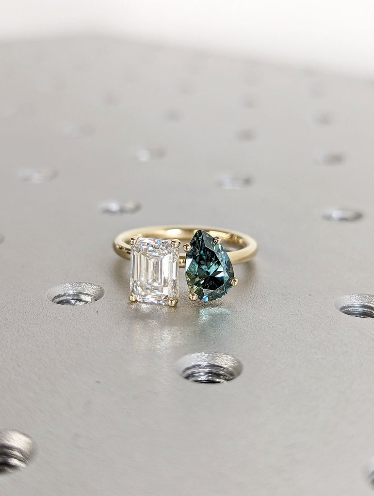 Pear And Emerald Cut Toi Et Moi Moissanite Ring / Green Pear Moissanite Engagement Ring / Yellow Gold Anniversary Ring / Two Stone Ring