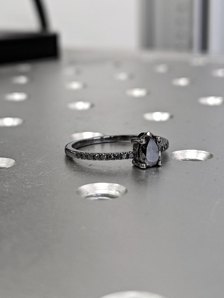 Black 1920's Raw Salt and Pepper Diamond, Pear Diamond Ring, Unique Engagement Bridal Set, Black, Gray Pear, 14k Yellow, Rose, or White Gold