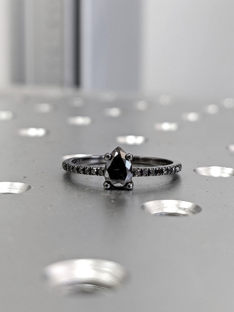 Black 1920's Raw Salt and Pepper Diamond, Pear Diamond Ring, Unique Engagement Bridal Set, Black, Gray Pear, 14k Yellow, Rose, or White Gold