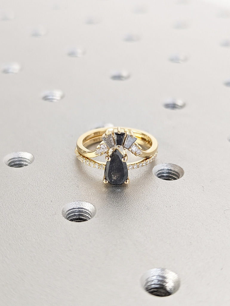 1 Carat 1920's Raw Salt and Pepper Diamond, Pear Diamond Ring, Unique Engagement Bridal Set, Black, Gray Pear, 14k Yellow, Rose White Gold