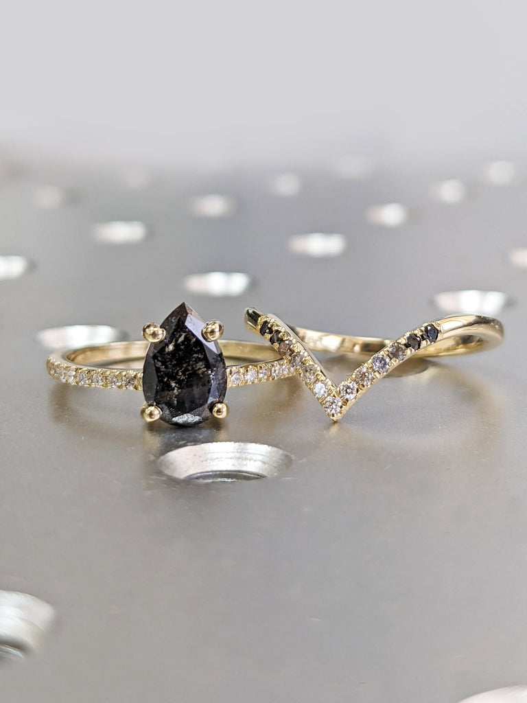 1920's Raw Salt and Pepper Diamond, Pear Diamond Ring, Unique Engagement Bridal Set, Black, Gray Pear, 14k Yellow, Rose, Black or White Gold