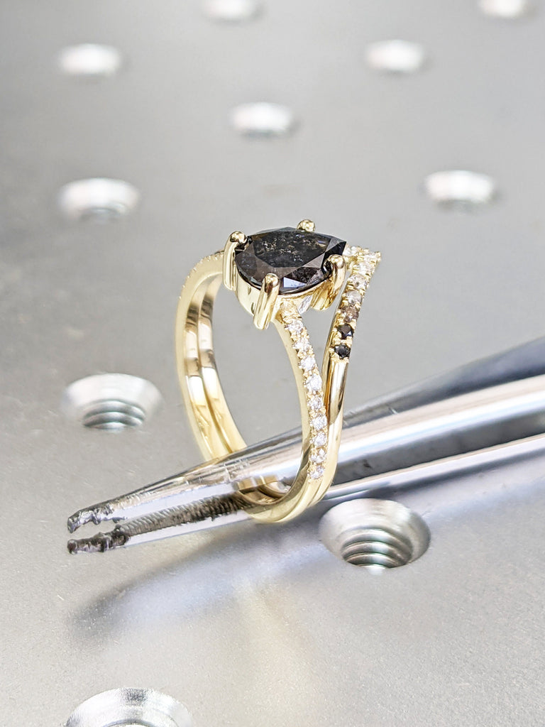 1920's Raw Salt and Pepper Diamond, Pear Diamond Ring, Unique Engagement Bridal Set, Black, Gray Pear, 14k Yellow, Rose, Black or White Gold