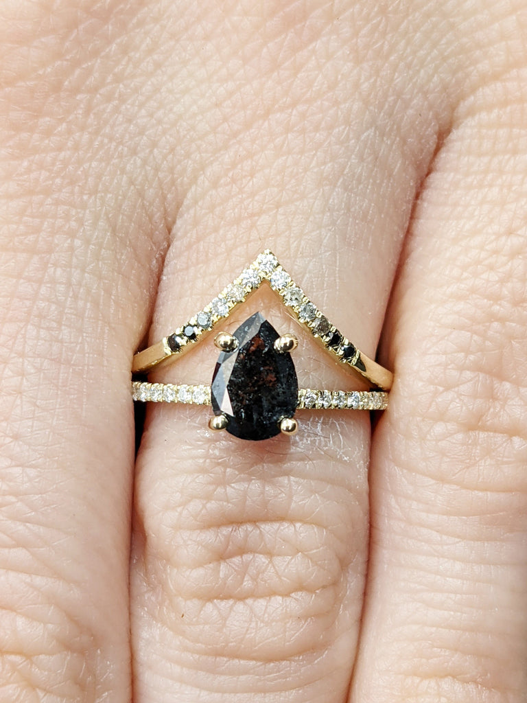 1920's Raw Salt and Pepper Diamond, Pear Diamond Ring, Unique Engagement Bridal Set, Black, Gray Pear, 14k Yellow, Rose, Black or White Gold