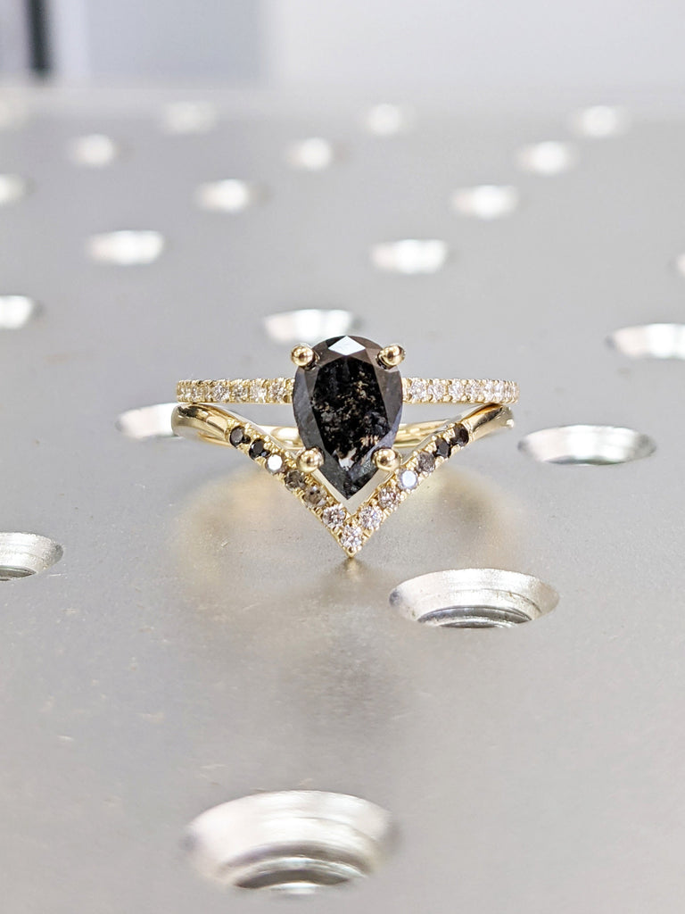 1920's Raw Salt and Pepper Diamond, Pear Diamond Ring, Unique Engagement Bridal Set, Black, Gray Pear, 14k Yellow, Rose, Black or White Gold