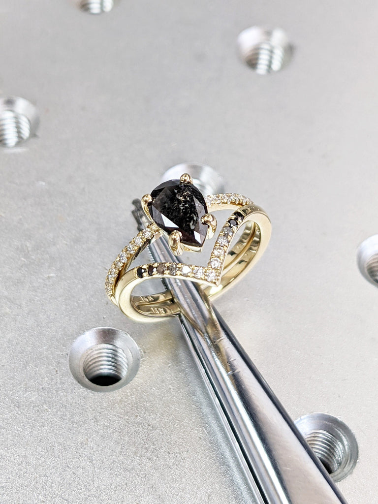 1920's Raw Salt and Pepper Diamond, Pear Diamond Ring, Unique Engagement Bridal Set, Black, Gray Pear, 14k Yellow, Rose, Black or White Gold