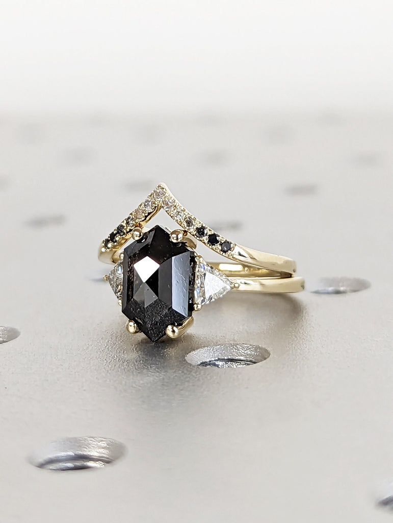 Raw Diamond Hexagon Triangle Diamond, Salt and Pepper, Plain Unique Bridal Engagement Set, Rose Cut Geometric Diamond Ring, Custom Handmade