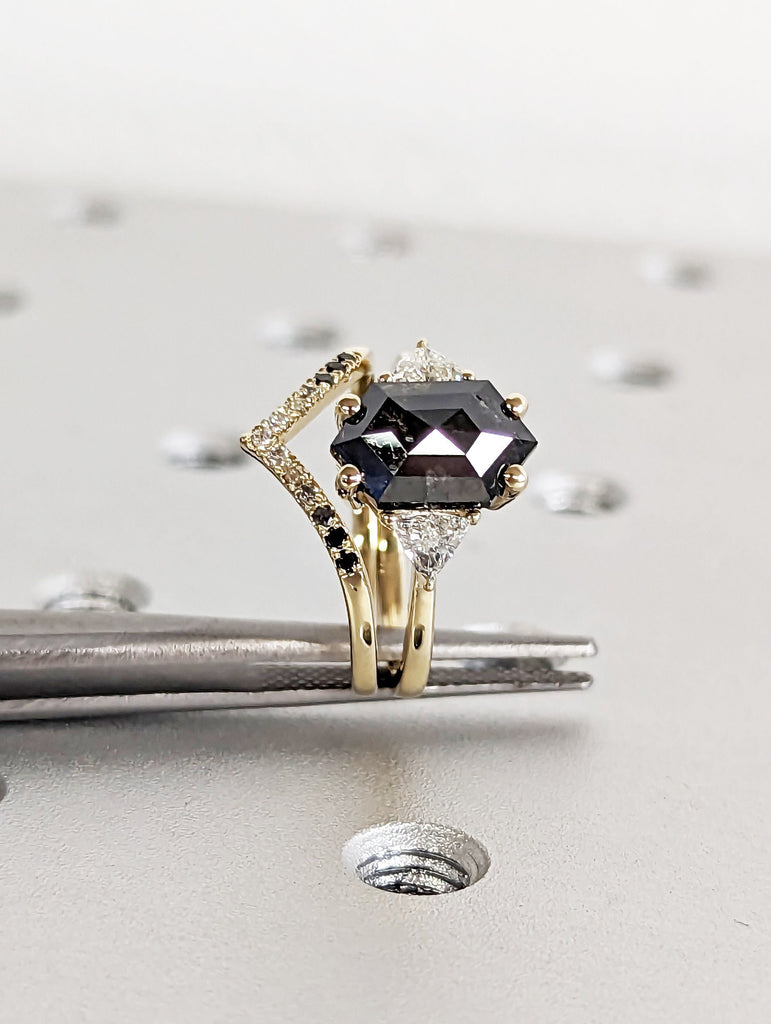 Raw Diamond Hexagon Triangle Diamond, Salt and Pepper, Plain Unique Bridal Engagement Set, Rose Cut Geometric Diamond Ring, Custom Handmade