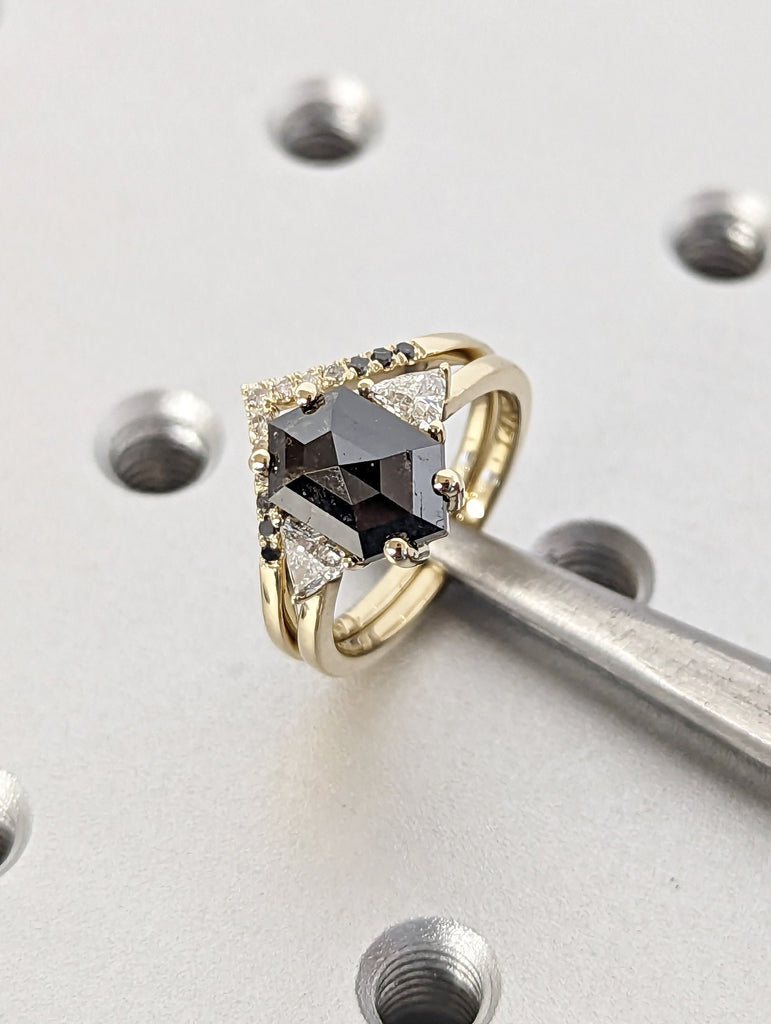 Raw Diamond Hexagon Triangle Diamond, Salt and Pepper, Plain Unique Bridal Engagement Set, Rose Cut Geometric Diamond Ring, Custom Handmade