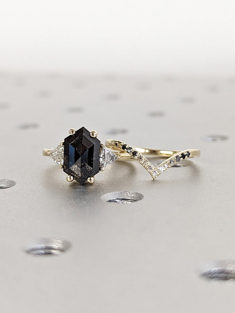 Raw Diamond Hexagon Triangle Diamond, Salt and Pepper, Plain Unique Bridal Engagement Set, Rose Cut Geometric Diamond Ring, Custom Handmade