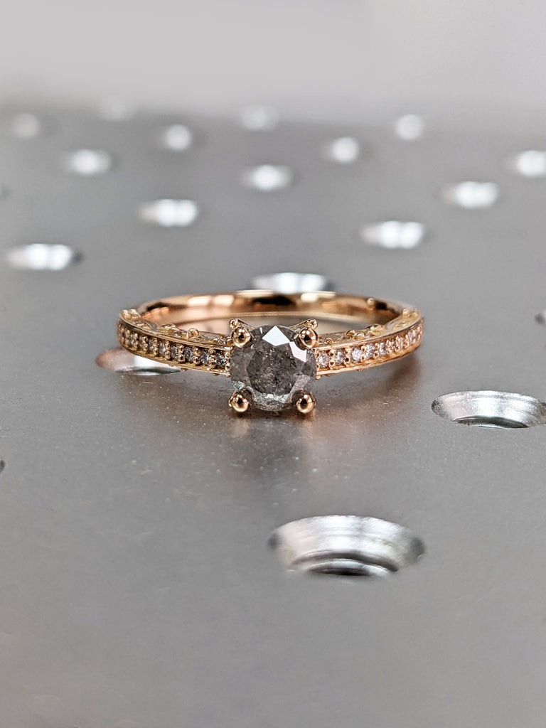 Salt and Pepper Engagement Ring 2pcs Rose Gold Crown Engagement Ring Black Diamond Ring Vintage Engagement Ring Pear Shaped Eternity Ring