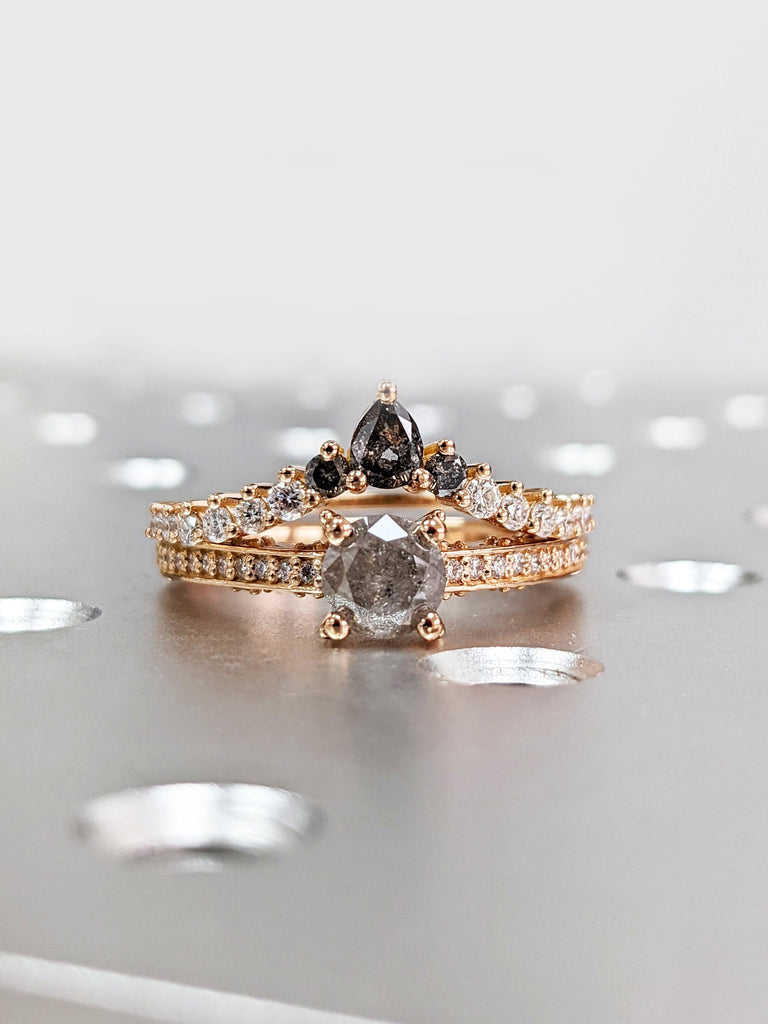 Salt and Pepper Engagement Ring 2pcs Rose Gold Crown Engagement Ring Black Diamond Ring Vintage Engagement Ring Pear Shaped Eternity Ring