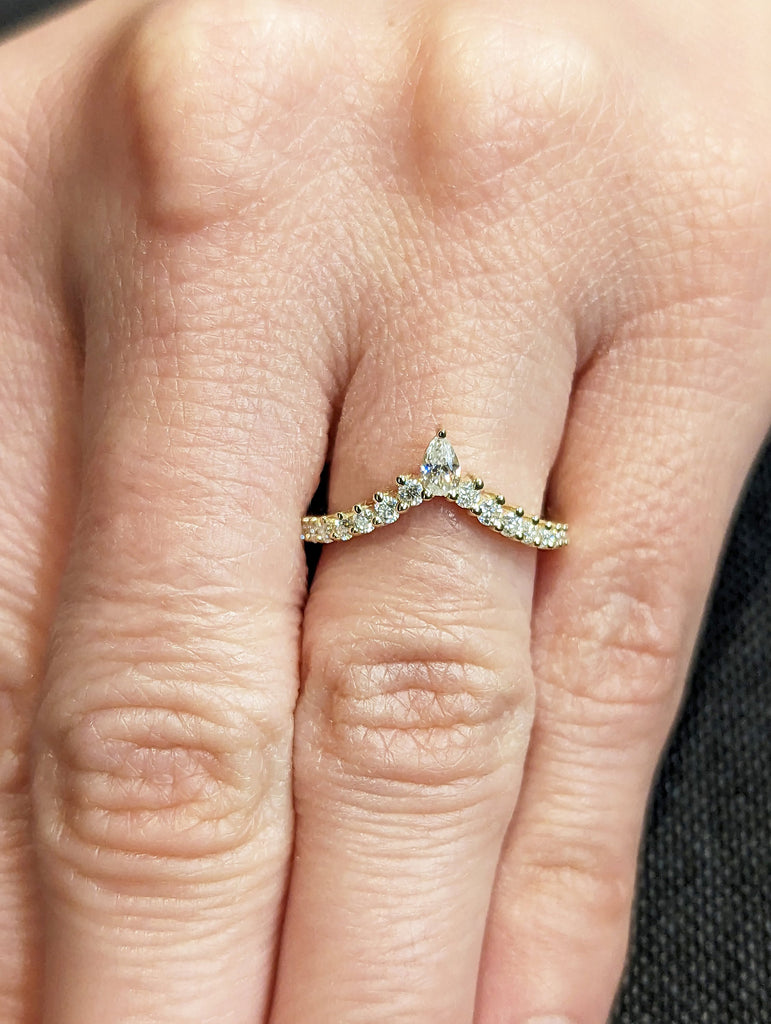 Pear shaped curved wedding band Yellow gold moissanite wedding band unique vintage diamond stacking matching wedding Bridal Gift for women
