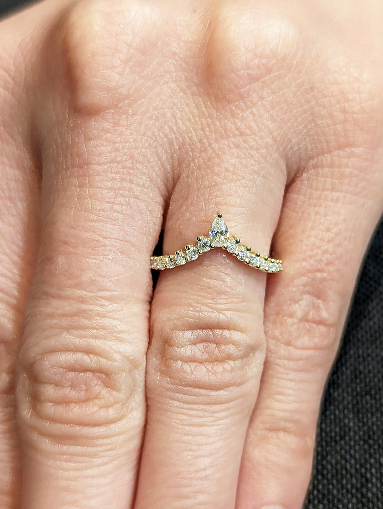 Pear shaped curved wedding band Yellow gold moissanite wedding band unique vintage diamond stacking matching wedding Bridal Gift for women