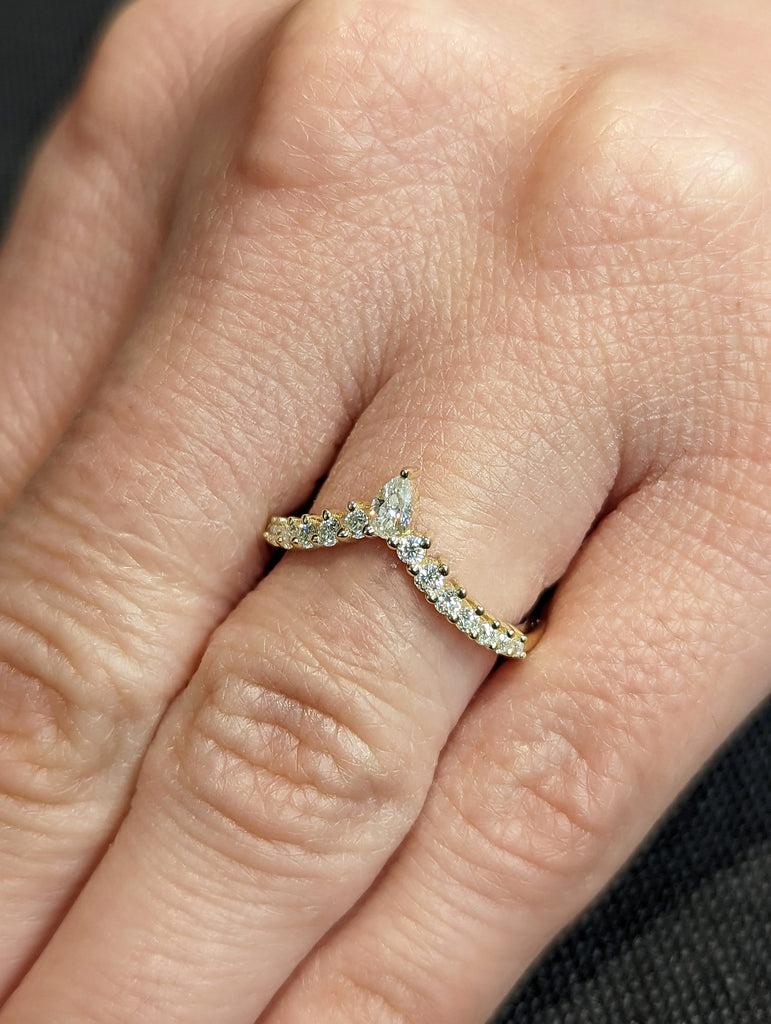 Pear shaped curved wedding band Yellow gold moissanite wedding band unique vintage diamond stacking matching wedding Bridal Gift for women