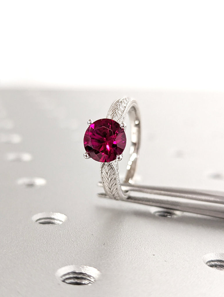 8mm Ruby Engagement Ring, 18k White Gold Maribel Hand Engraved Ruby Vintage Ring, Vintage Ruby Ring, Engraved Unique Ruby Engagement Ring