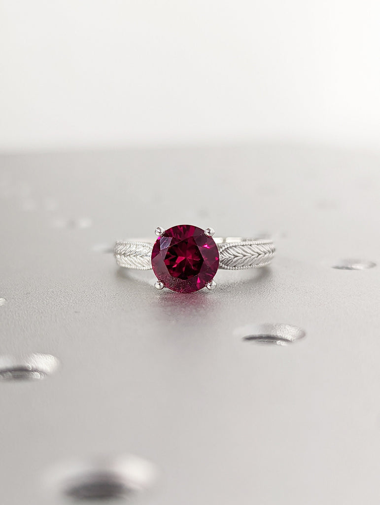 8mm Ruby Engagement Ring, 18k White Gold Maribel Hand Engraved Ruby Vintage Ring, Vintage Ruby Ring, Engraved Unique Ruby Engagement Ring