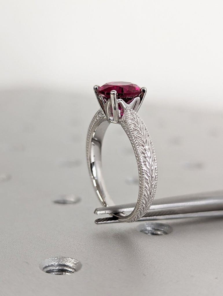 8mm Ruby Engagement Ring, 18k White Gold Maribel Hand Engraved Ruby Vintage Ring, Vintage Ruby Ring, Engraved Unique Ruby Engagement Ring