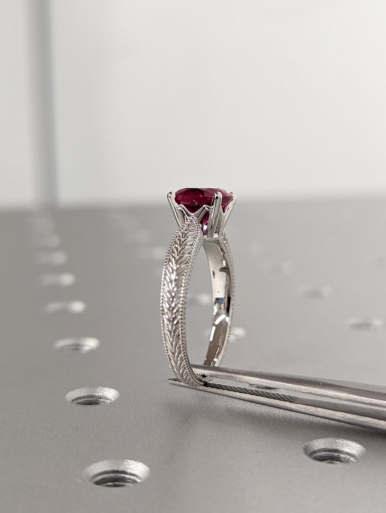 8mm Ruby Engagement Ring, 18k White Gold Maribel Hand Engraved Ruby Vintage Ring, Vintage Ruby Ring, Engraved Unique Ruby Engagement Ring