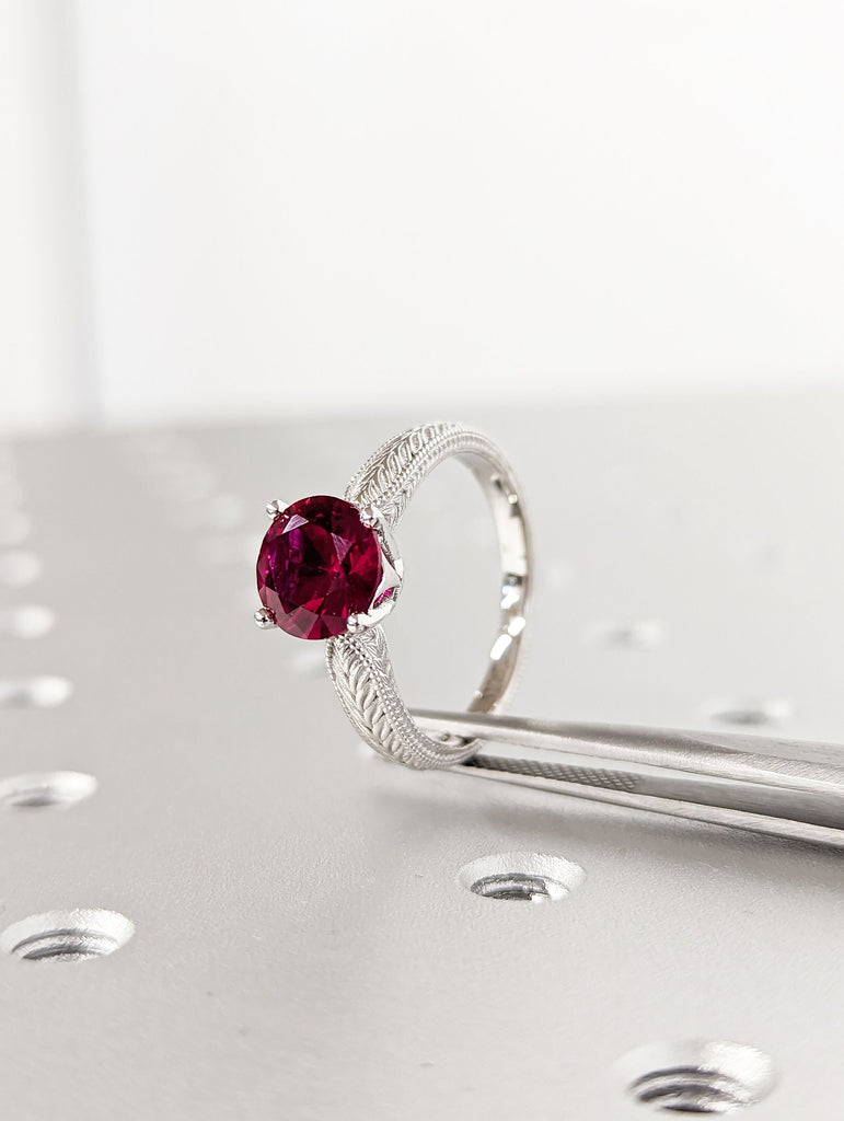 8mm Ruby Engagement Ring, 18k White Gold Maribel Hand Engraved Ruby Vintage Ring, Vintage Ruby Ring, Engraved Unique Ruby Engagement Ring