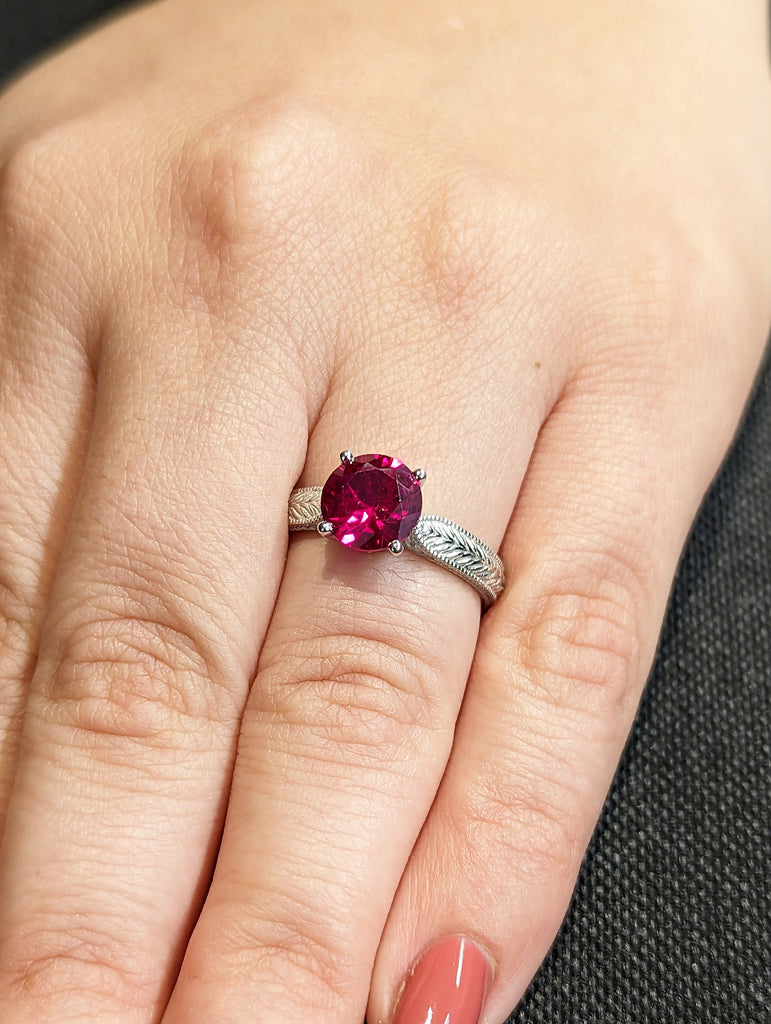 8mm Ruby Engagement Ring, 18k White Gold Maribel Hand Engraved Ruby Vintage Ring, Vintage Ruby Ring, Engraved Unique Ruby Engagement Ring