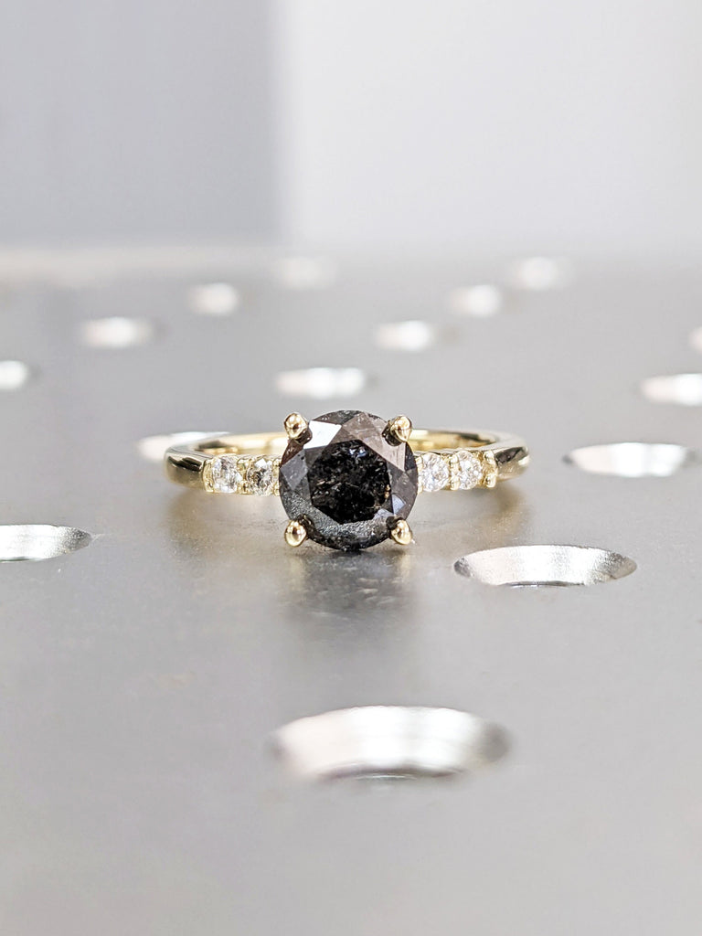 Galaxy Salt and Pepper Diamond Ring- Round Cut Diamond Engagement Ring- Unique Bridal Black Diamond Promise Ring Yellow Gold Solitaire Ring