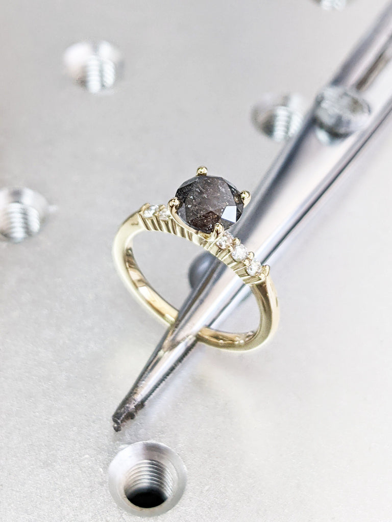 Galaxy Salt and Pepper Diamond Ring- Round Cut Diamond Engagement Ring- Unique Bridal Black Diamond Promise Ring Yellow Gold Solitaire Ring