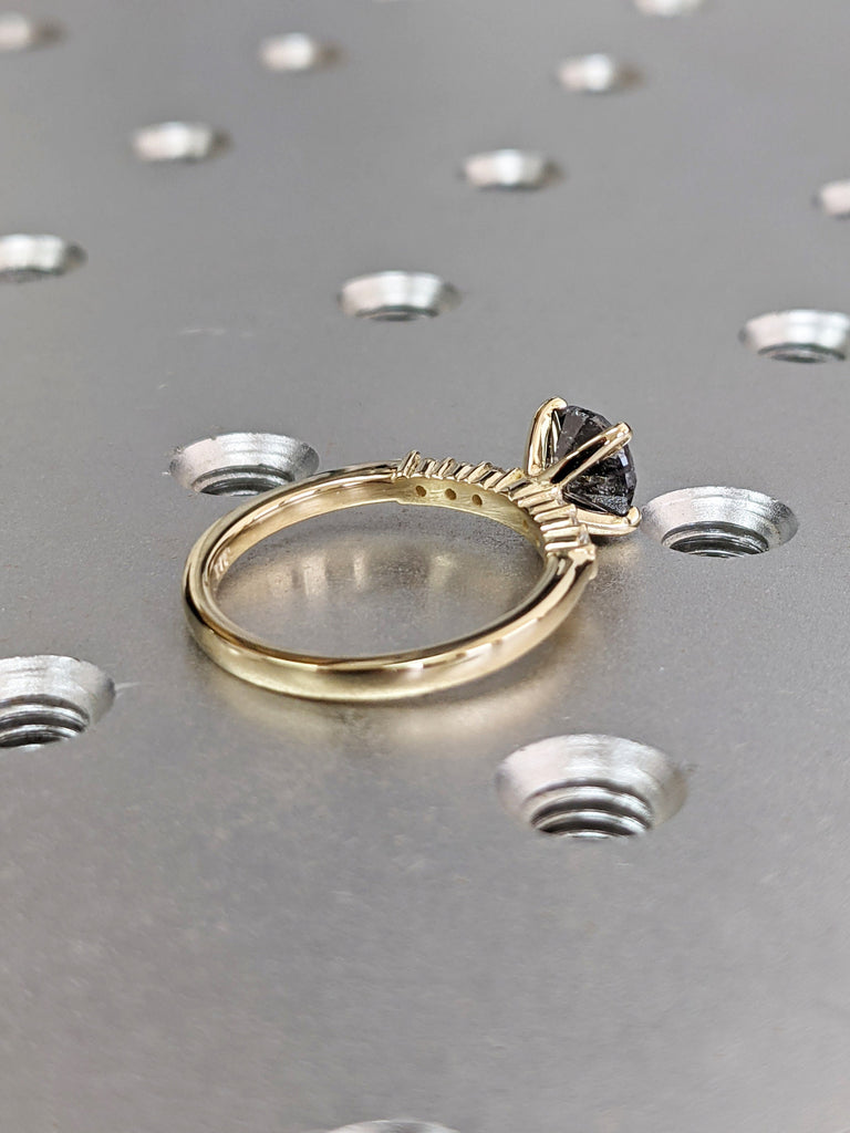 Galaxy Salt and Pepper Diamond Ring- Round Cut Diamond Engagement Ring- Unique Bridal Black Diamond Promise Ring Yellow Gold Solitaire Ring
