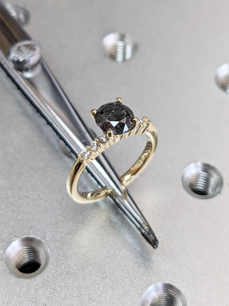 Galaxy Salt and Pepper Diamond Ring- Round Cut Diamond Engagement Ring- Unique Bridal Black Diamond Promise Ring Yellow Gold Solitaire Ring