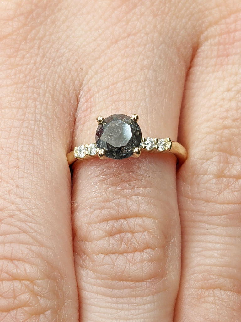 Galaxy Salt and Pepper Diamond Ring- Round Cut Diamond Engagement Ring- Unique Bridal Black Diamond Promise Ring Yellow Gold Solitaire Ring