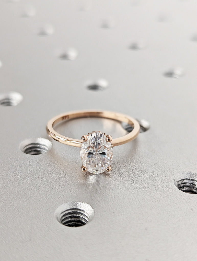 1.5 ct. Hidden halo engagement ring, solitaire oval moissanite ring, Hidden Halo 6x8mm Oval Cut Solitaire Engagement Ring in 14K Rose gold