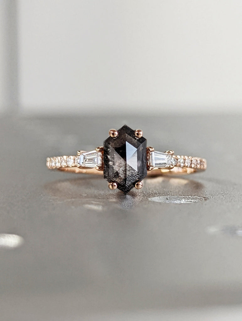 Raw Diamond Hexagon Baguette Diamond, Salt and Pepper, Unique Engagement Ring, Rose Cut Geometric Diamond Ring, 14k Gold, Custom Handmade