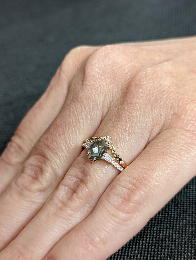 Raw Diamond Hexagon Baguette Diamond, Salt and Pepper, Unique Engagement Ring, Rose Cut Geometric Diamond Ring, 14k Gold, Custom Handmade