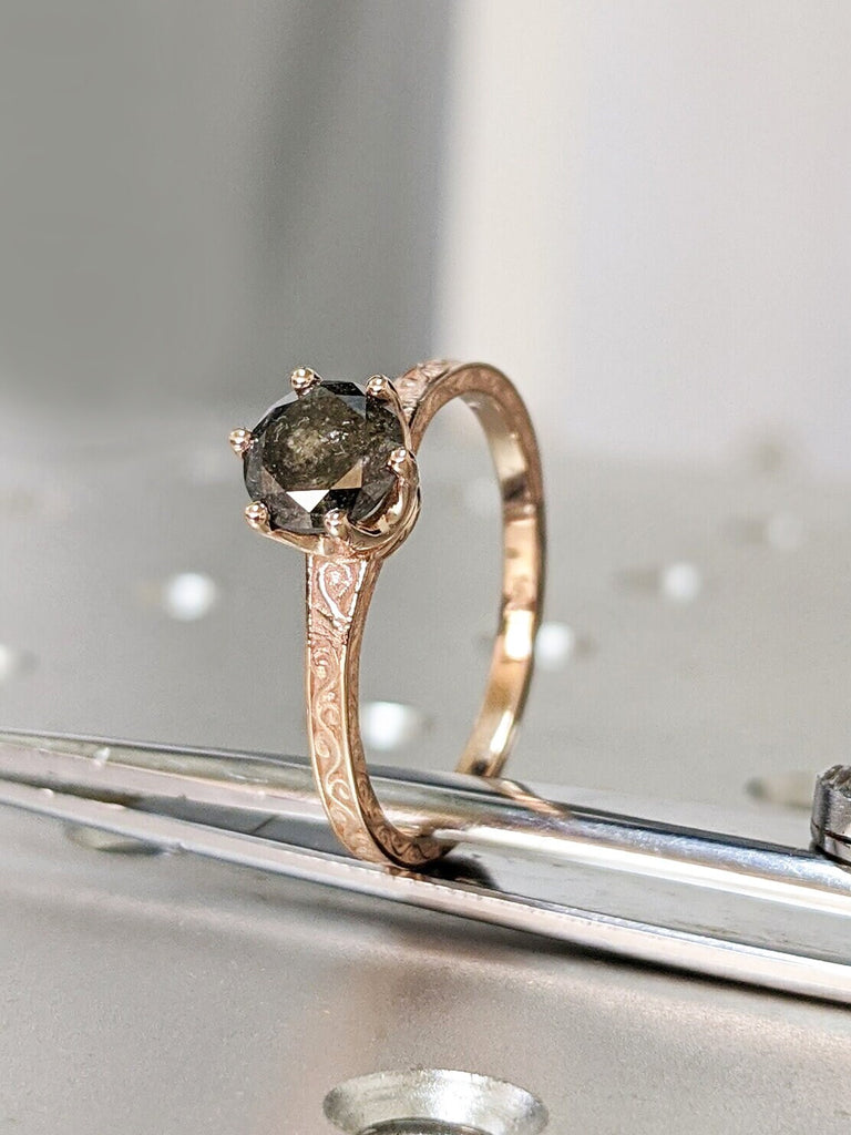 Galaxy Raw Salt and Pepper Diamond Ring- Round Cut Diamond Engagement Ring- Unique Bridal Black Diamond Promise Ring 14K Rose Gold Solitaire