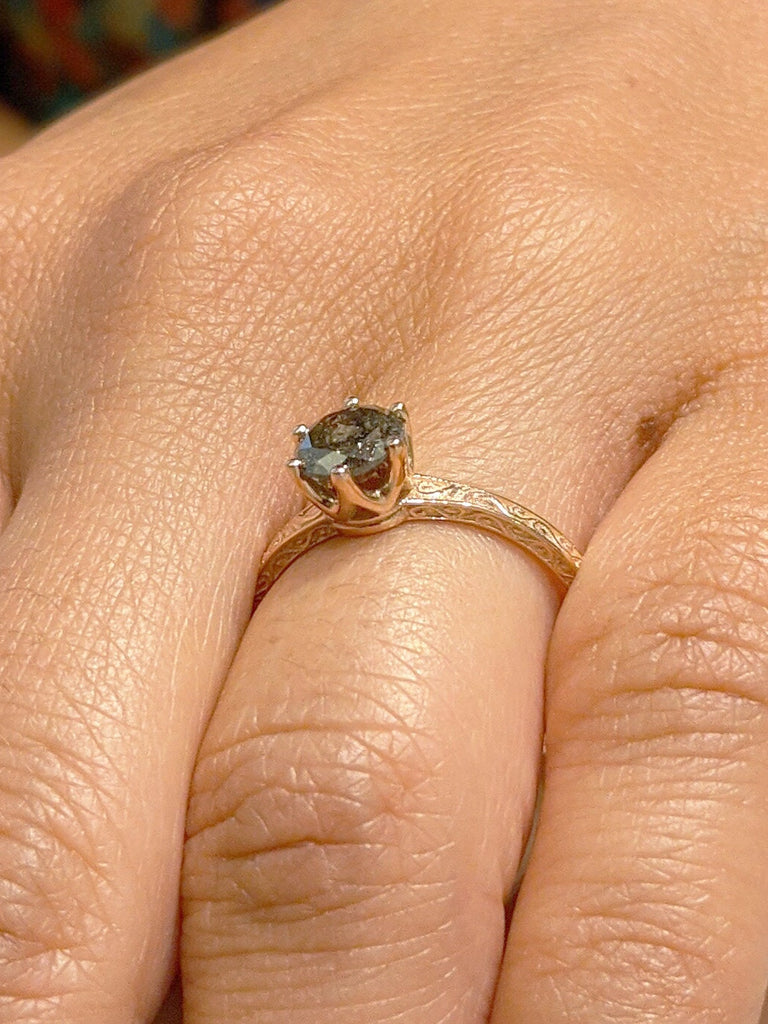 Galaxy Raw Salt and Pepper Diamond Ring- Round Cut Diamond Engagement Ring- Unique Bridal Black Diamond Promise Ring 14K Rose Gold Solitaire