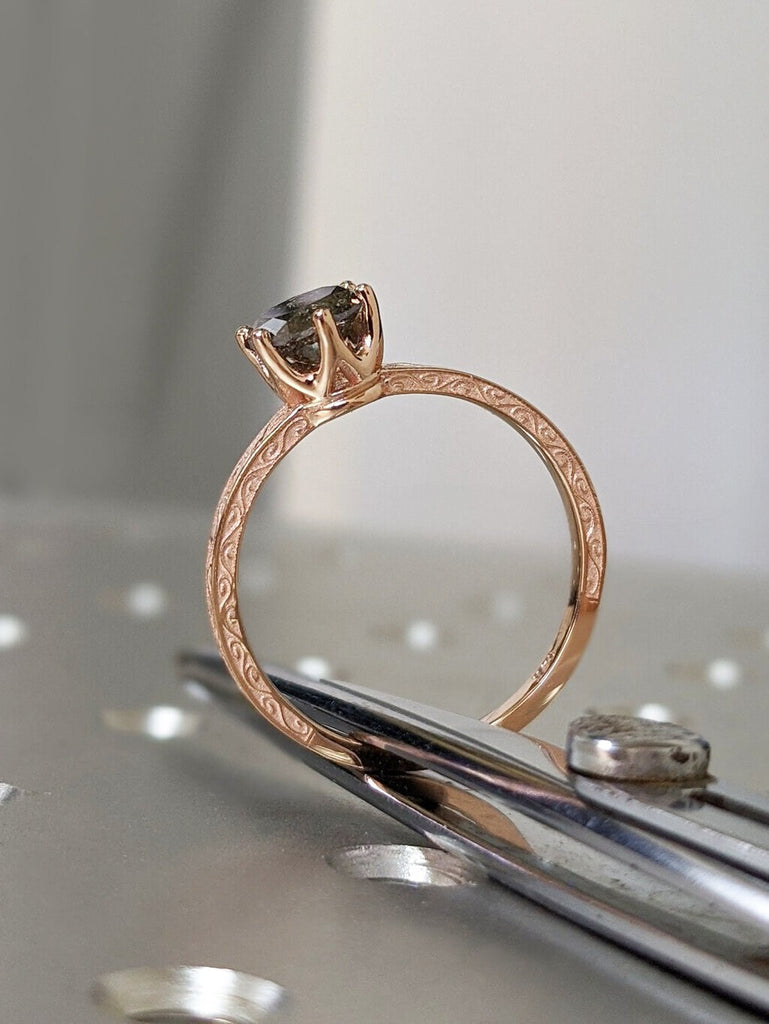 Galaxy Raw Salt and Pepper Diamond Ring- Round Cut Diamond Engagement Ring- Unique Bridal Black Diamond Promise Ring 14K Rose Gold Solitaire