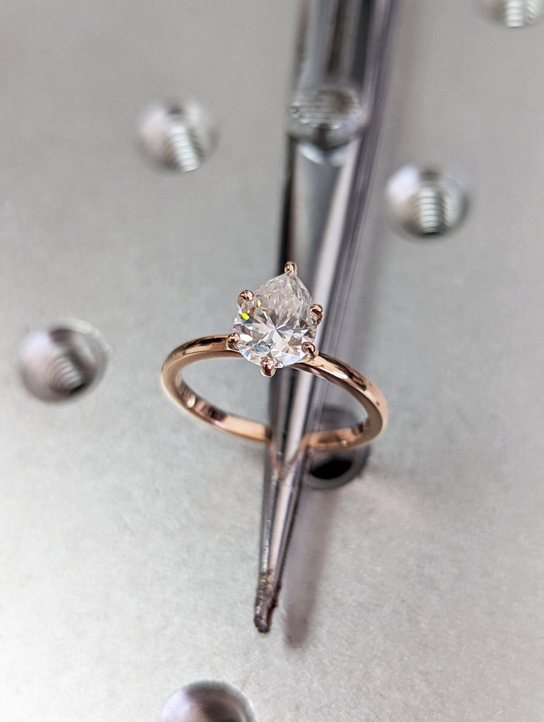 Pear Shaped Moissanite Engagement Ring, Teardrop Moissanite Ring, Yellow Gold Ring Rose Gold Simple Solitaire, Tear Drop Cut Pear Shape