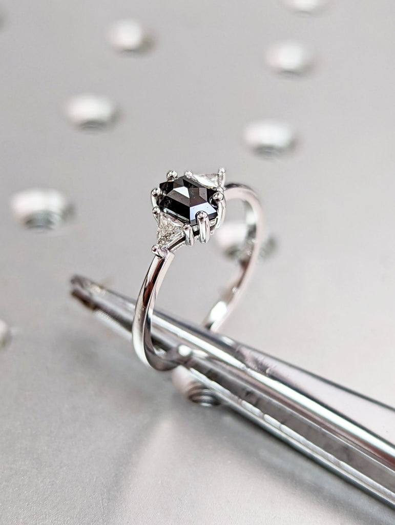 Raw Diamond Hexagon Triangle Diamond, Salt and Pepper, Plain Unique Bridal Engagement Set, Rose Cut Geometric Diamond Ring, Custom Handmade