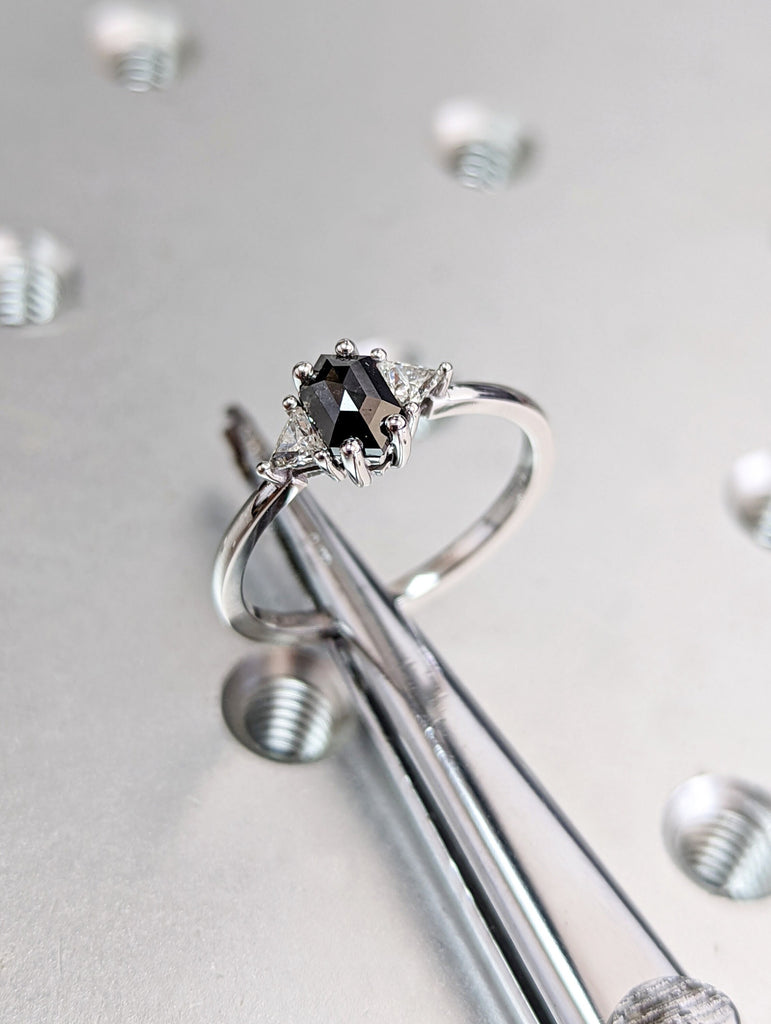 Raw Diamond Hexagon Triangle Diamond, Salt and Pepper, Plain Unique Bridal Engagement Set, Rose Cut Geometric Diamond Ring, Custom Handmade