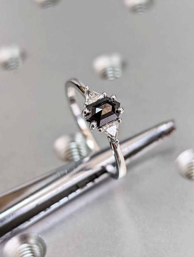 Raw Diamond Hexagon Triangle Diamond, Salt and Pepper, Plain Unique Bridal Engagement Set, Rose Cut Geometric Diamond Ring, Custom Handmade