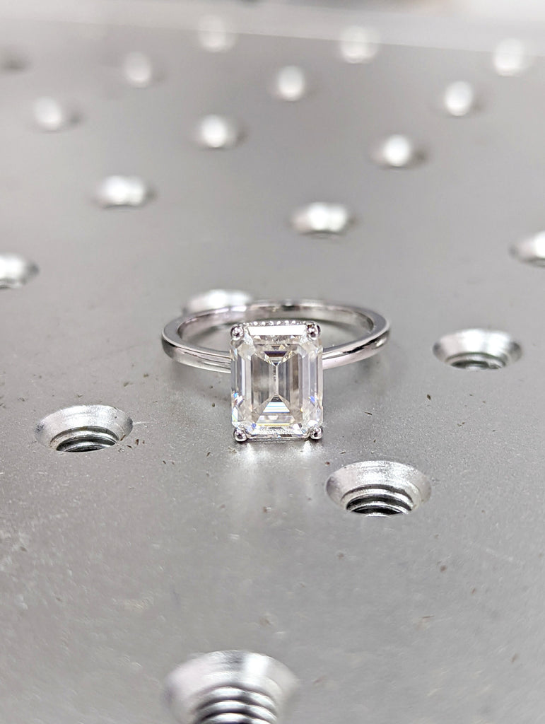 Hidden Halo Emerald Cut Solitaire Engagement Ring, Emerald Cut Engagement Ring, Emerald Cut Ring, 2.5Ct Solid 14k Moissanite Engagement Ring