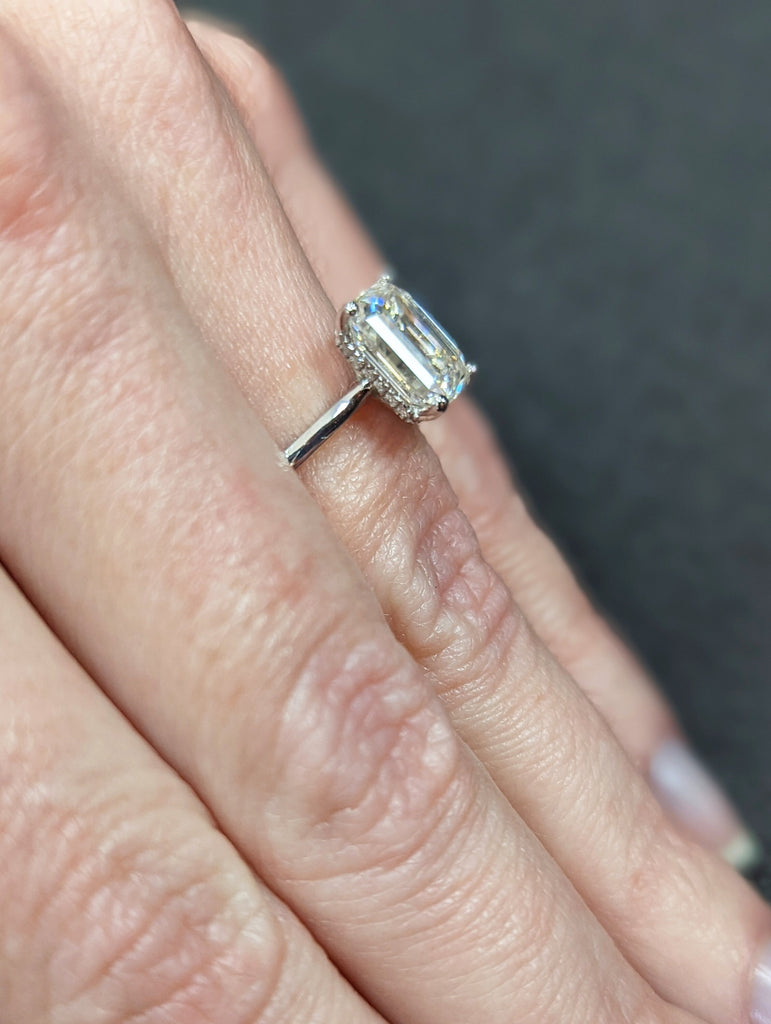 Hidden Halo Emerald Cut Solitaire Engagement Ring, Emerald Cut Engagement Ring, Emerald Cut Ring, 2.5Ct Solid 14k Moissanite Engagement Ring