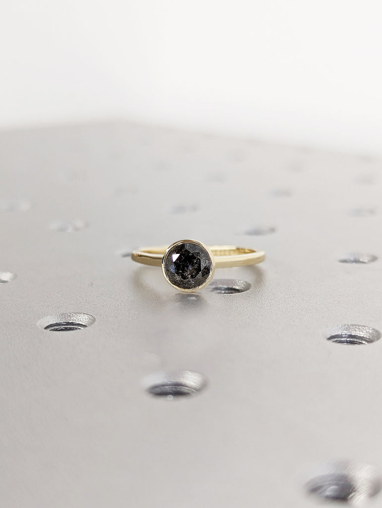 Round Bezel Solitaire Ring Brilliant Cut Galaxy Salt And Pepper Diamond Engagement Ring Dainty Promise Ring Solitaire Bezel Ring