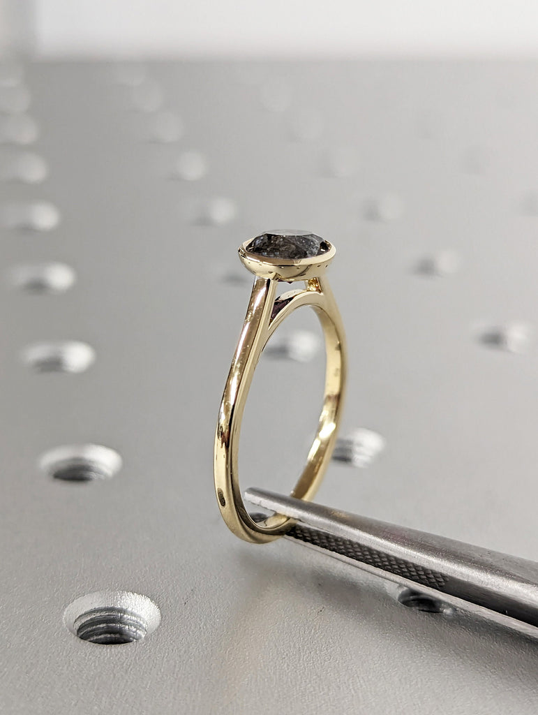 Round Bezel Solitaire Ring Brilliant Cut Galaxy Salt And Pepper Diamond Engagement Ring Dainty Promise Ring Solitaire Bezel Ring