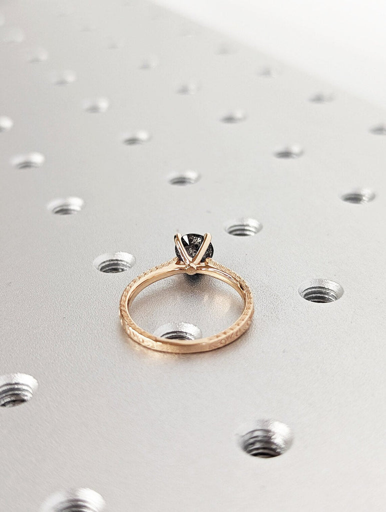 Galaxy Raw Salt and Pepper Diamond Ring- Round Cut Diamond Engagement Ring- Unique Bridal Diamond Promise Ring- Rose Gold- Cathedral Setting