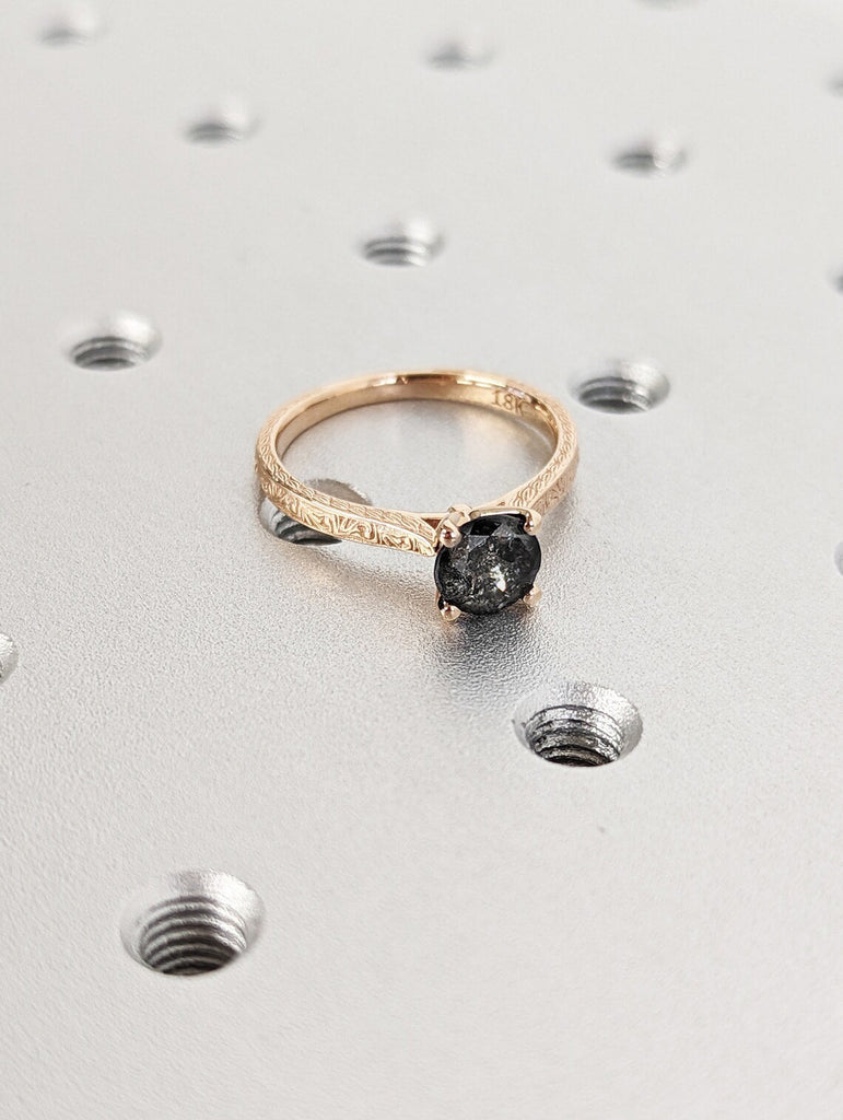 Galaxy Raw Salt and Pepper Diamond Ring- Round Cut Diamond Engagement Ring- Unique Bridal Diamond Promise Ring- Rose Gold- Cathedral Setting