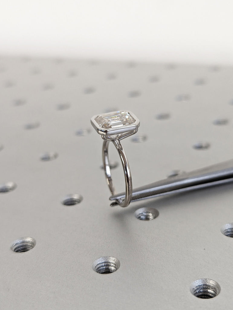 3CT Emerald Cut Moissanite Solitaire Ring, 14K White Gold Engagement Ring, Bezel Setting, Statement Ring, Gift For Her, Bridal Set