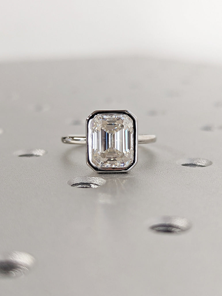 3CT Emerald Cut Moissanite Solitaire Ring, 14K White Gold Engagement Ring, Bezel Setting, Statement Ring, Gift For Her, Anniversary Ring