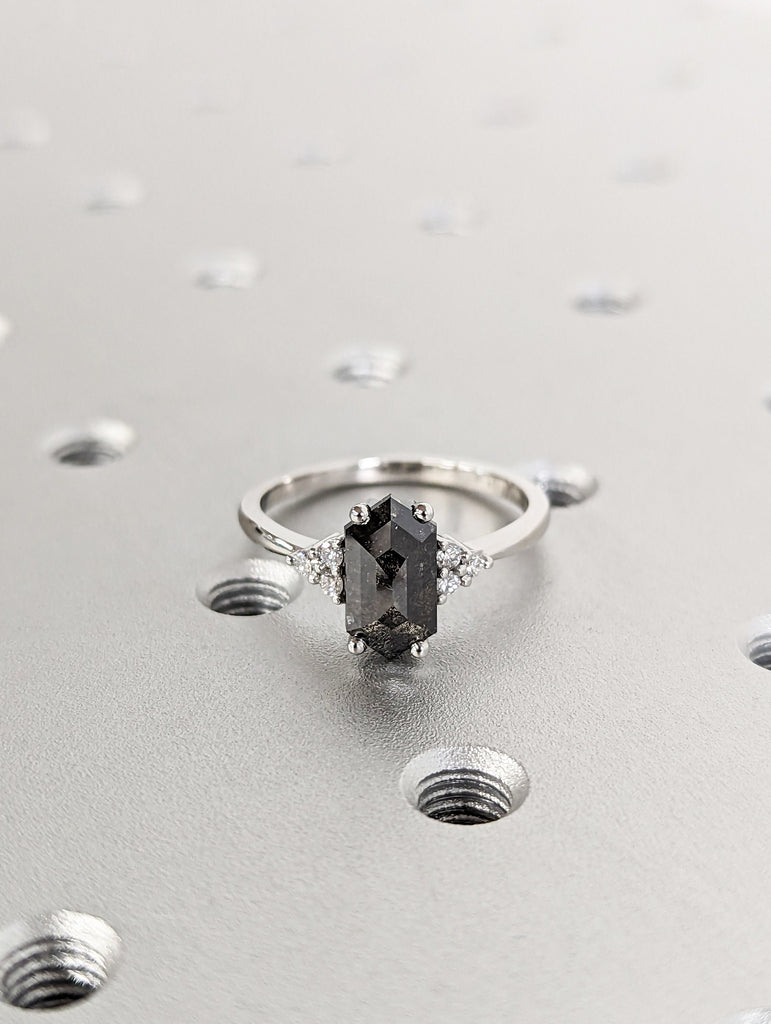 Raw Diamond Hexagon Round Diamond, Salt and Pepper, Unique Engagement Ring, Rose Cut Geometric Diamond Ring, 14k Gold, Custom Handmade