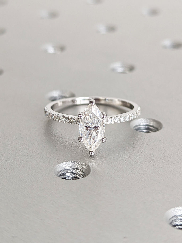 1 Carat Marquise Engagement Ring With Side Accent Moissanite Stones, Wedding Ring, Anniversary Ring 14K Solid Real White Gold Solitaire Ring