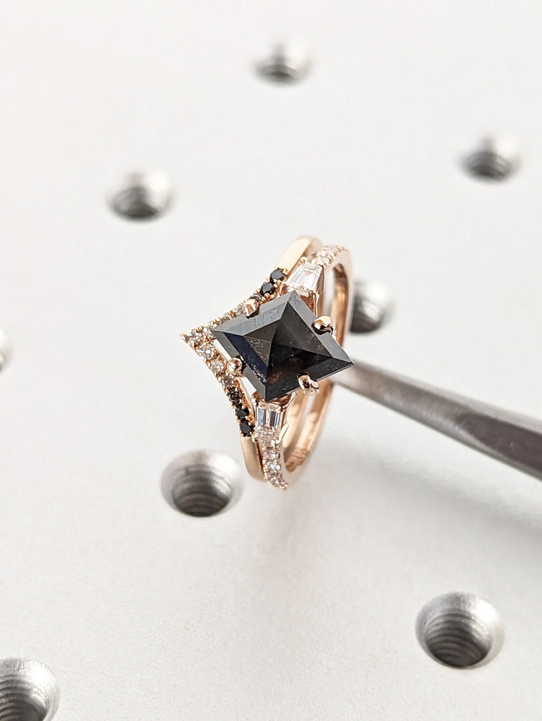 Galaxy Raw Salt and Pepper Diamond Ring- Kite Cut Diamond Engagement Ring Sets- Unique Bridal Geometric Diamond Promise Ring 14K Rose Gold